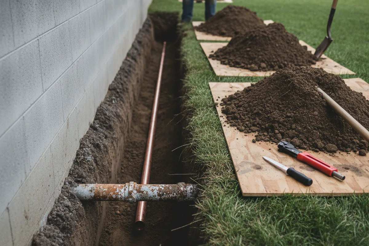 Excavated water line trench during Sewer Line Repair in Seligman